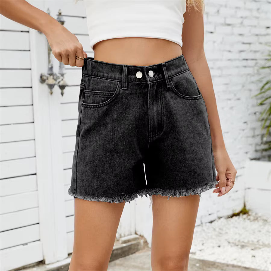 Casual Elastic Waist Frayed Hem Streetwear All-match Loose Jean Denim Shorts Mssza