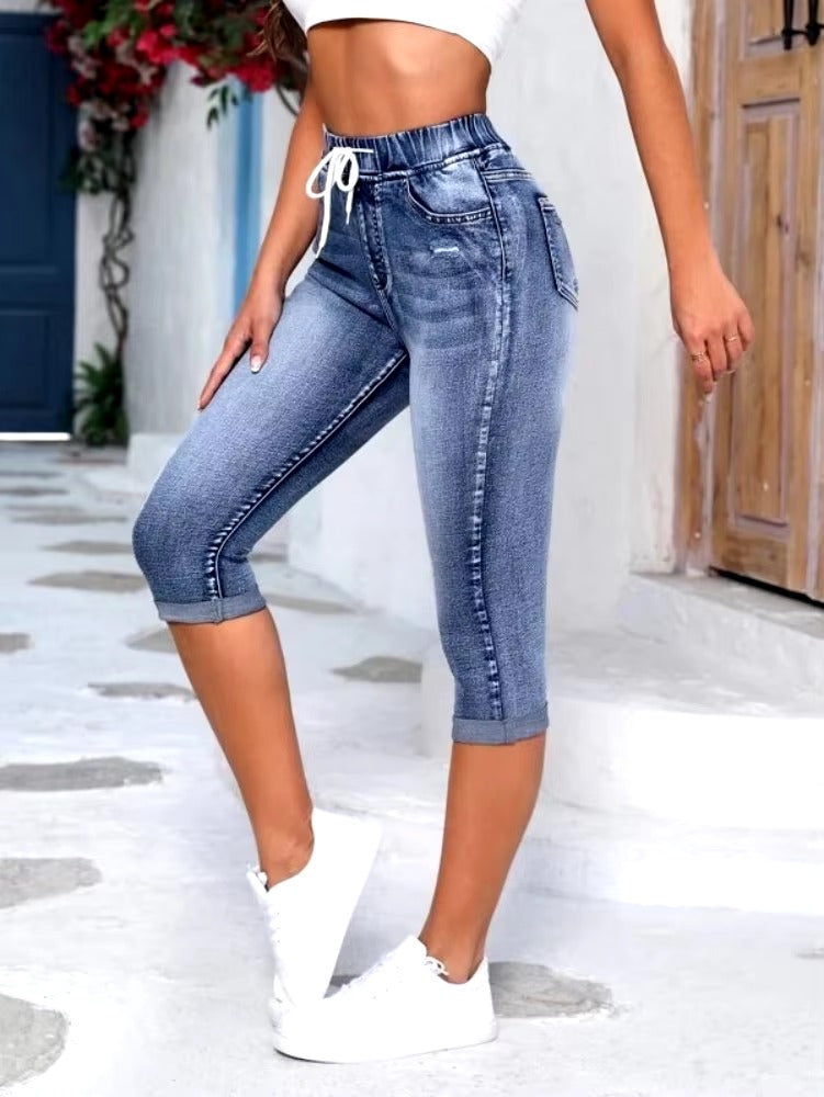 Casual Elastic Waist High Waist Ripped Calf-Length Pencil Jeans Mssza