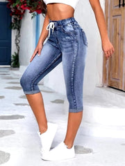 Casual Elastic Waist High Waist Ripped Calf-Length Pencil Jeans Mssza