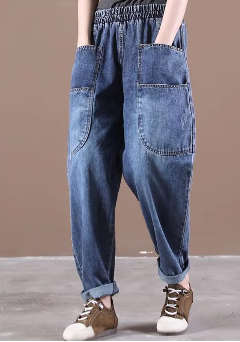 Casual Elastic Waist Thickness Denim Harem Multi-pocket Jeans Mssza