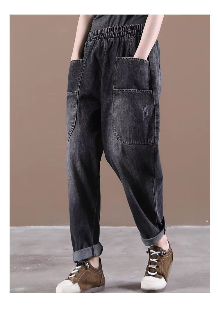Casual Elastic Waist Thickness Denim Harem Multi-pocket Jeans Mssza