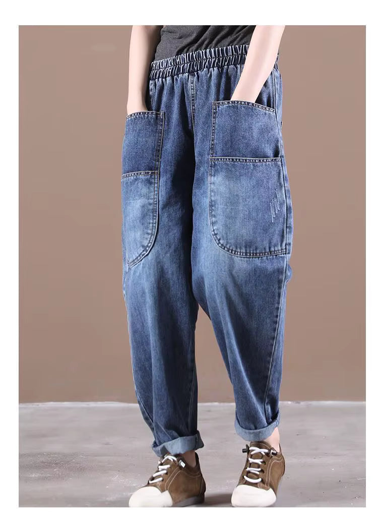 Casual Elastic Waist Thickness Denim Harem Multi-pocket Jeans Mssza