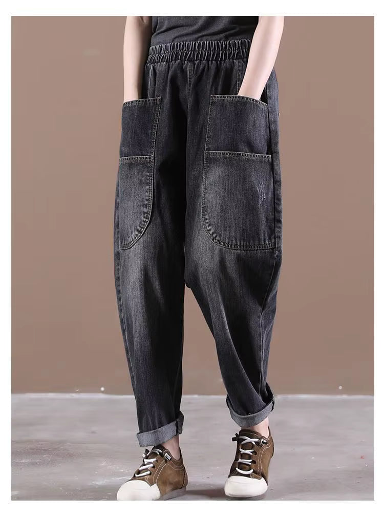 Casual Elastic Waist Thickness Denim Harem Multi-pocket Jeans Mssza