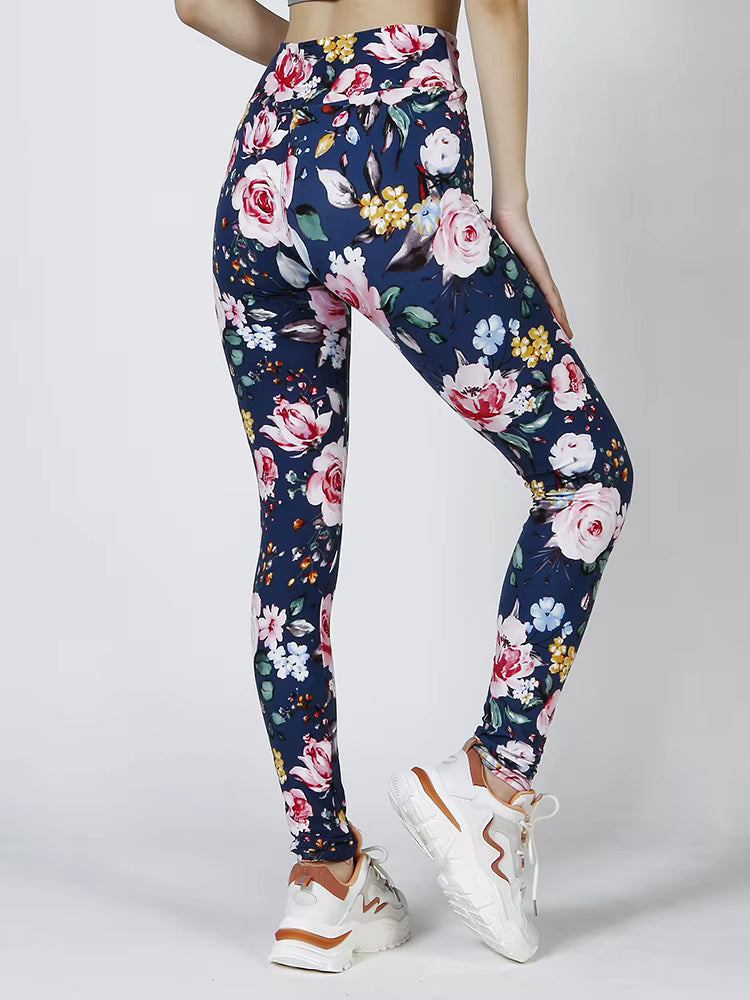 Elegant Flower Printed Elastic Workout High Waist Fitness Leggings Mssza
