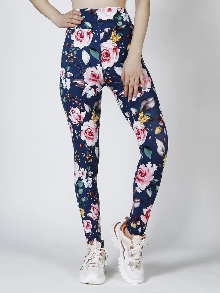 Elegant Flower Printed Elastic Workout High Waist Fitness Leggings Mssza