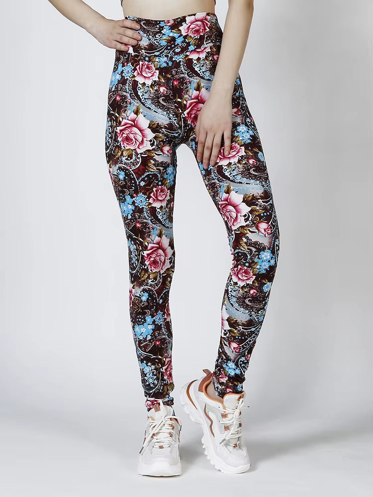 Casual Flower Printed Elastic Workout High Waist Fitness Leggings Mssza