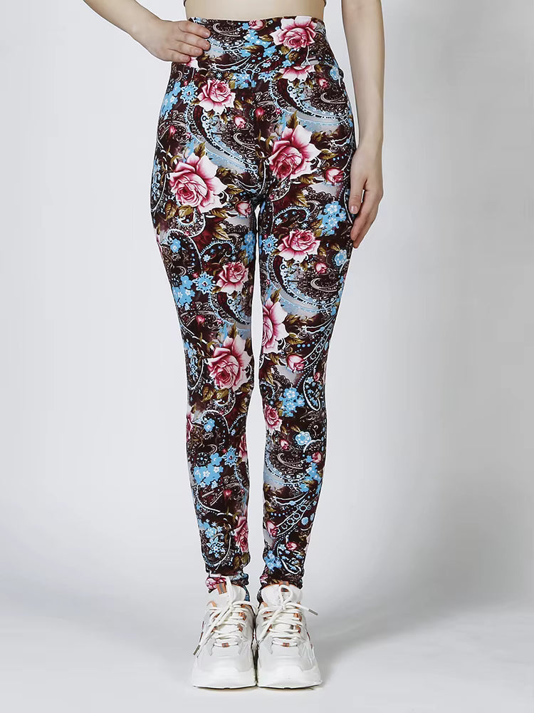 Casual Flower Printed Elastic Workout High Waist Fitness Leggings Mssza