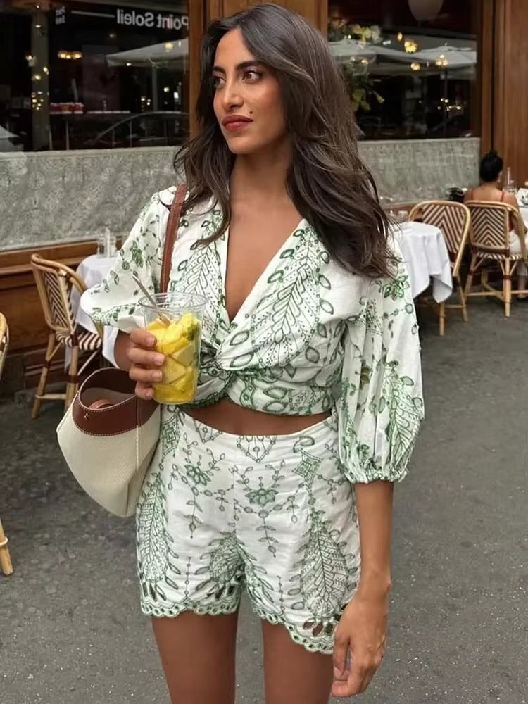 Casual Embroidered Pullover zipper fly Shorts Sleeve 2 Pcs Suit Dress Mssza