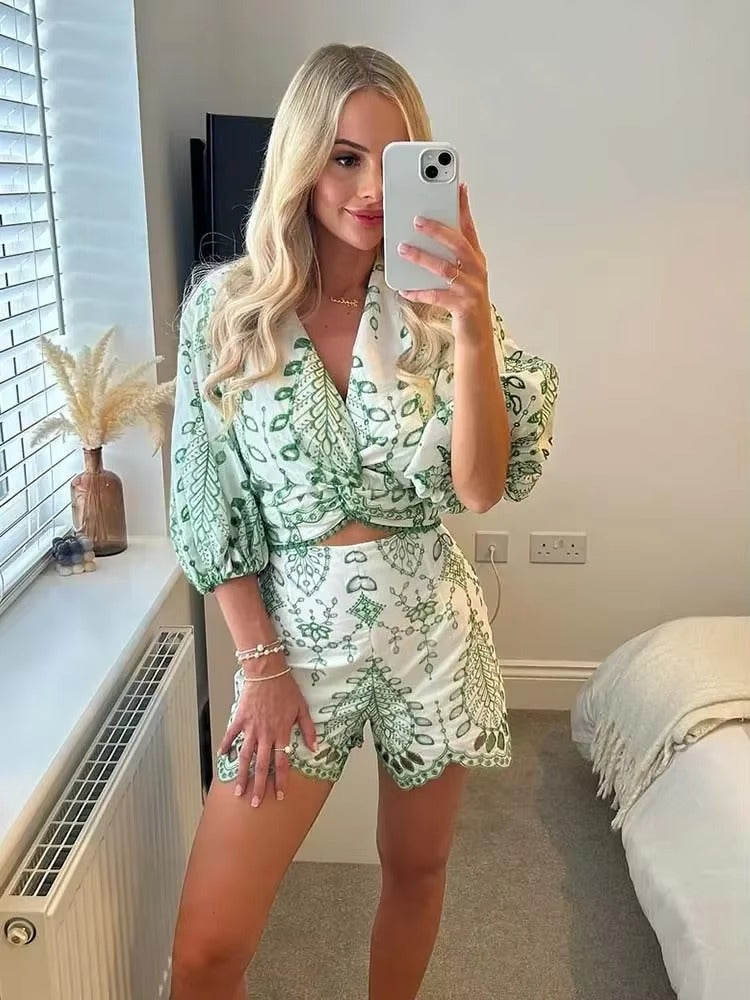 Casual Embroidered Pullover zipper fly Shorts Sleeve 2 Pcs Suit Dress Mssza