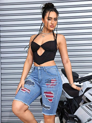 Casual Embroidered With National Flag Comfort Denim Jeans Shorts Mssza