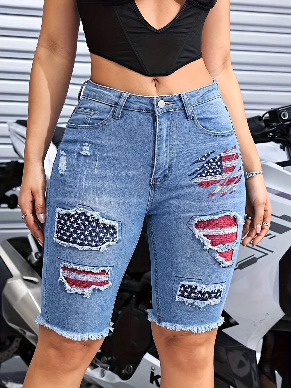 Casual Embroidered With National Flag Comfort Denim Jeans Shorts Mssza