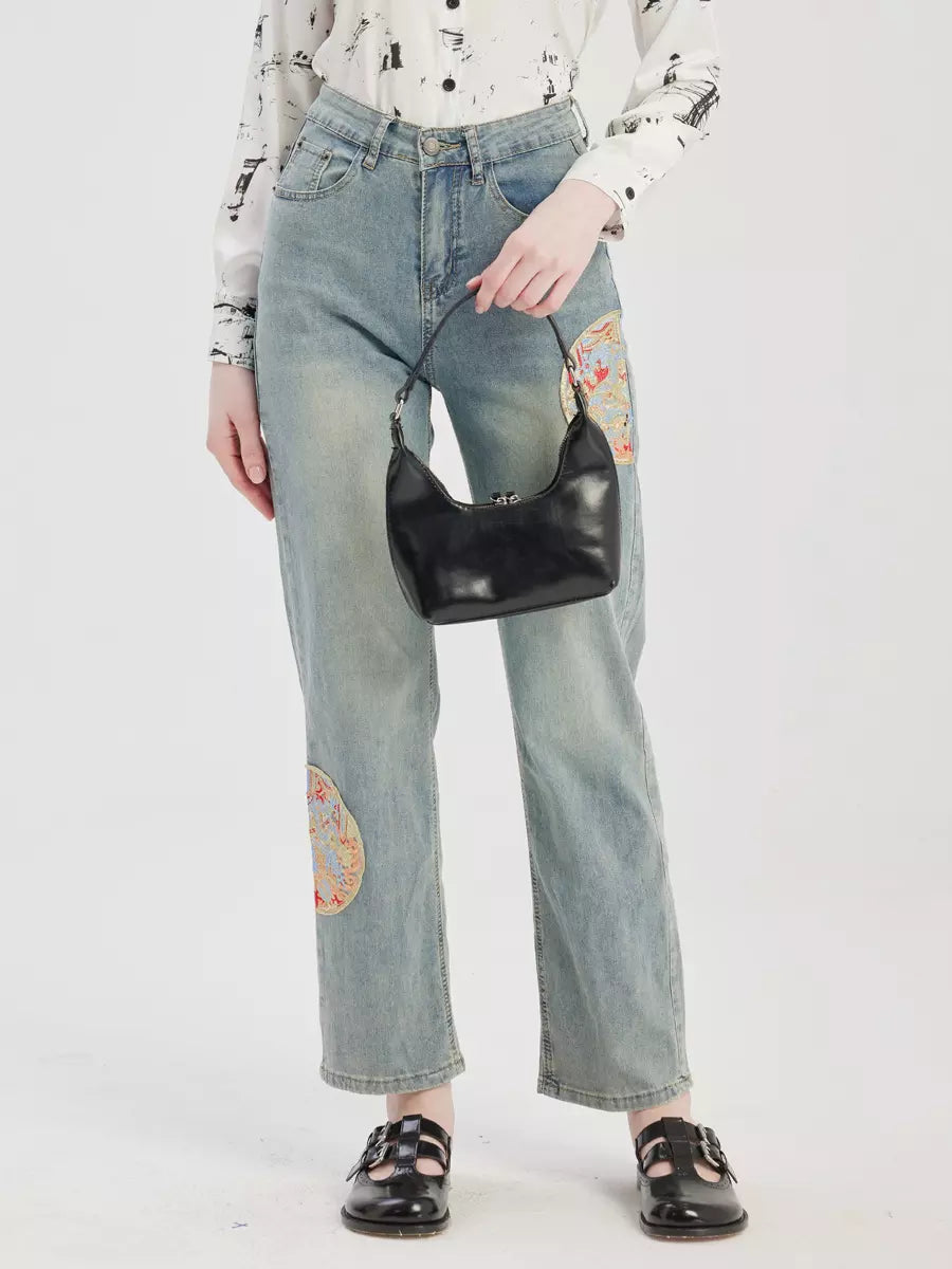 Casual Embroidery Applique Cropped Straight Jeans Mssza