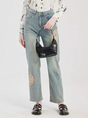 Casual Embroidery Applique Cropped Straight Jeans Mssza