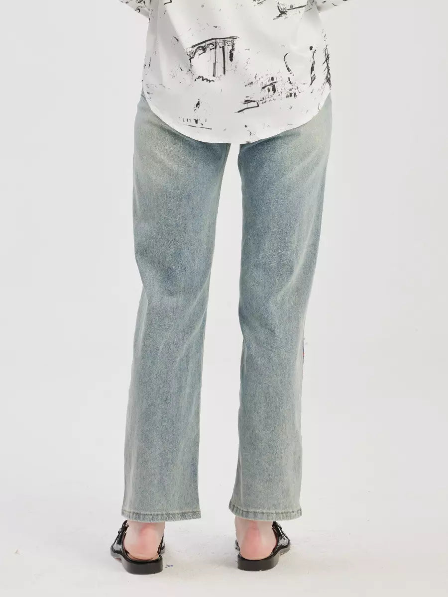 Casual Embroidery Applique Cropped Straight Jeans Mssza