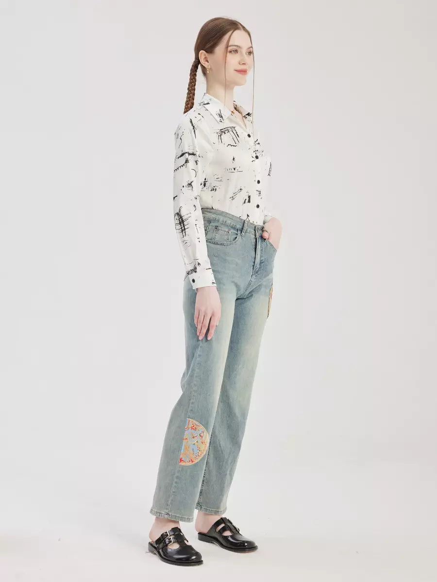 Casual Embroidery Applique Cropped Straight Jeans Mssza