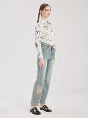 Casual Embroidery Applique Cropped Straight Jeans Mssza