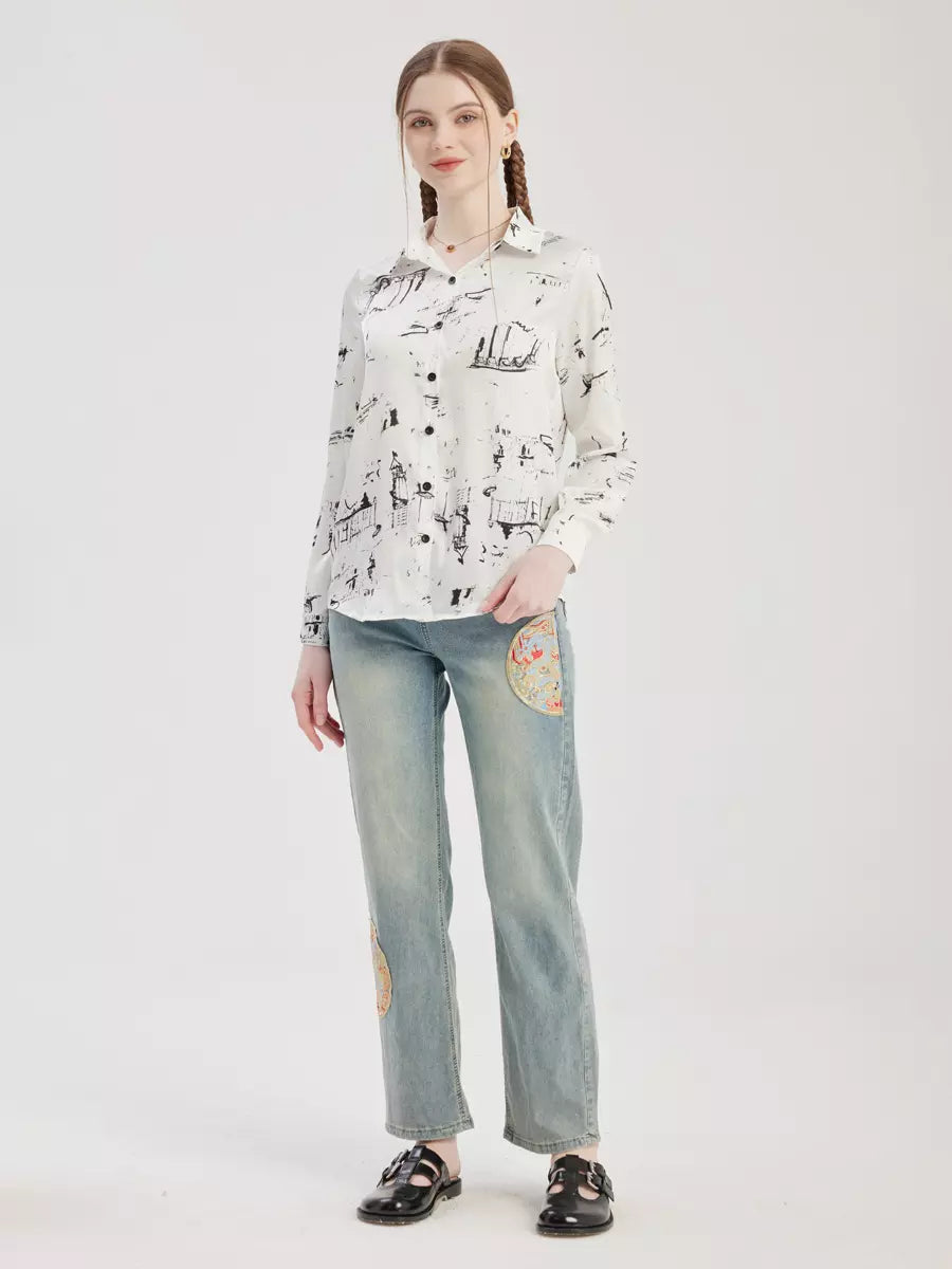 Casual Embroidery Applique Cropped Straight Jeans Mssza