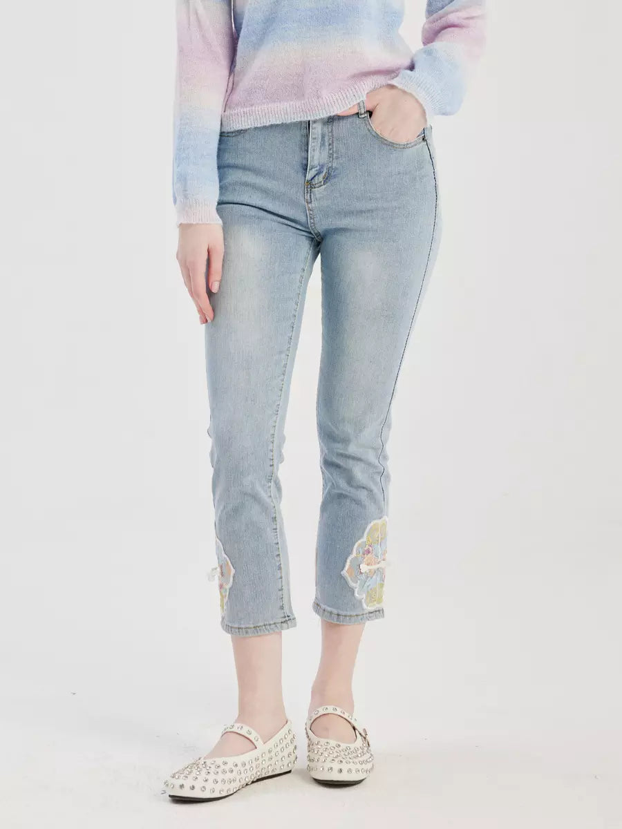 Casual Embroidery Applique Polyester Cropped Jeans Mssza