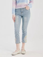 Casual Embroidery Applique Polyester Cropped Jeans Mssza