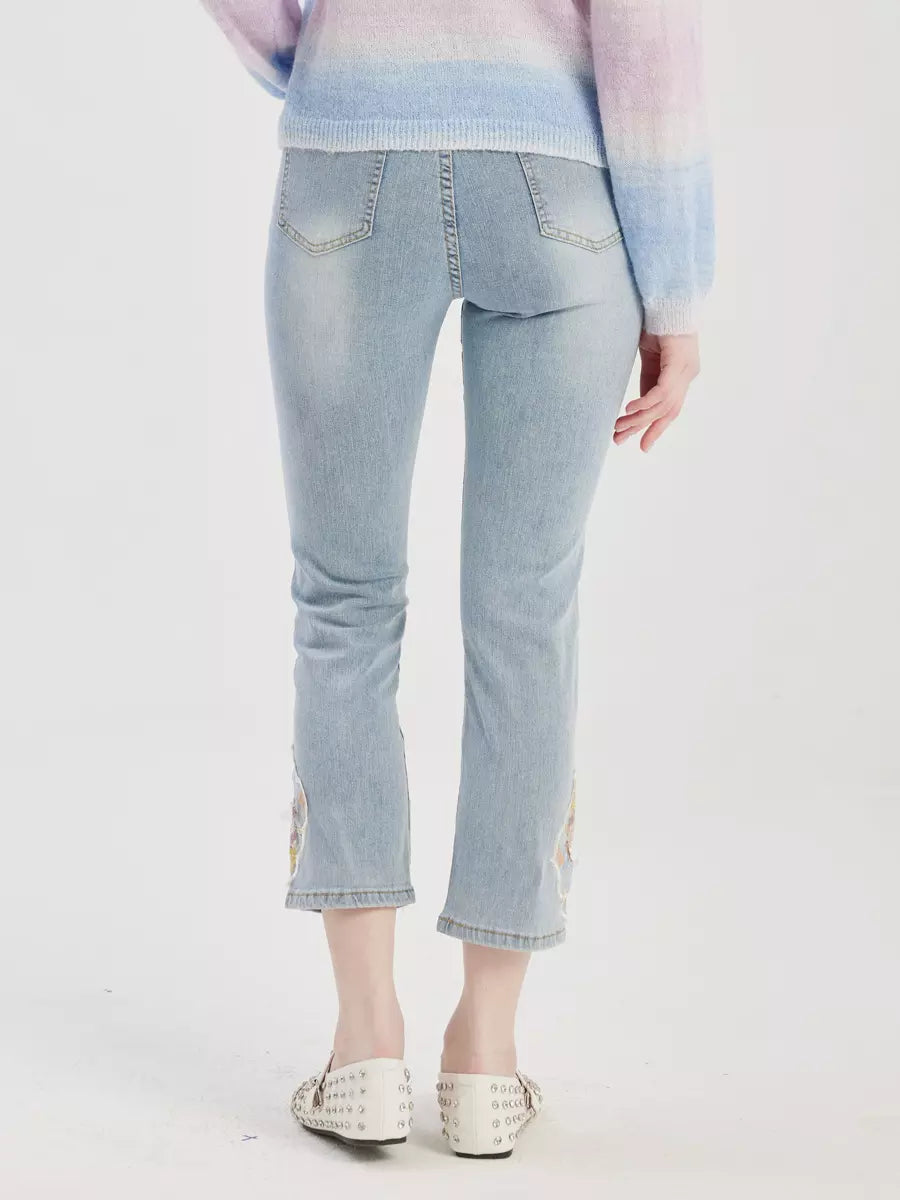 Casual Embroidery Applique Polyester Cropped Jeans Mssza