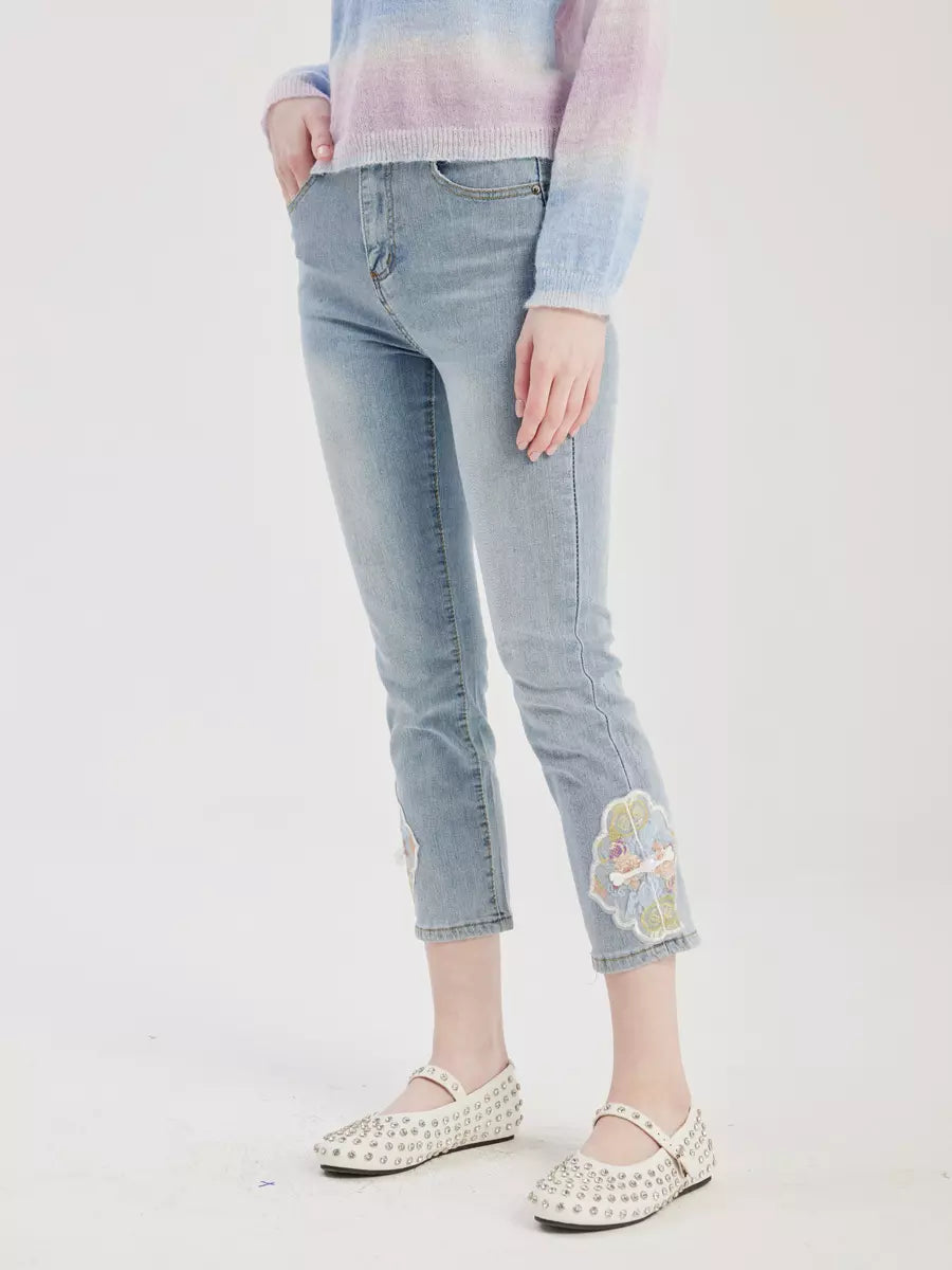 Casual Embroidery Applique Polyester Cropped Jeans Mssza