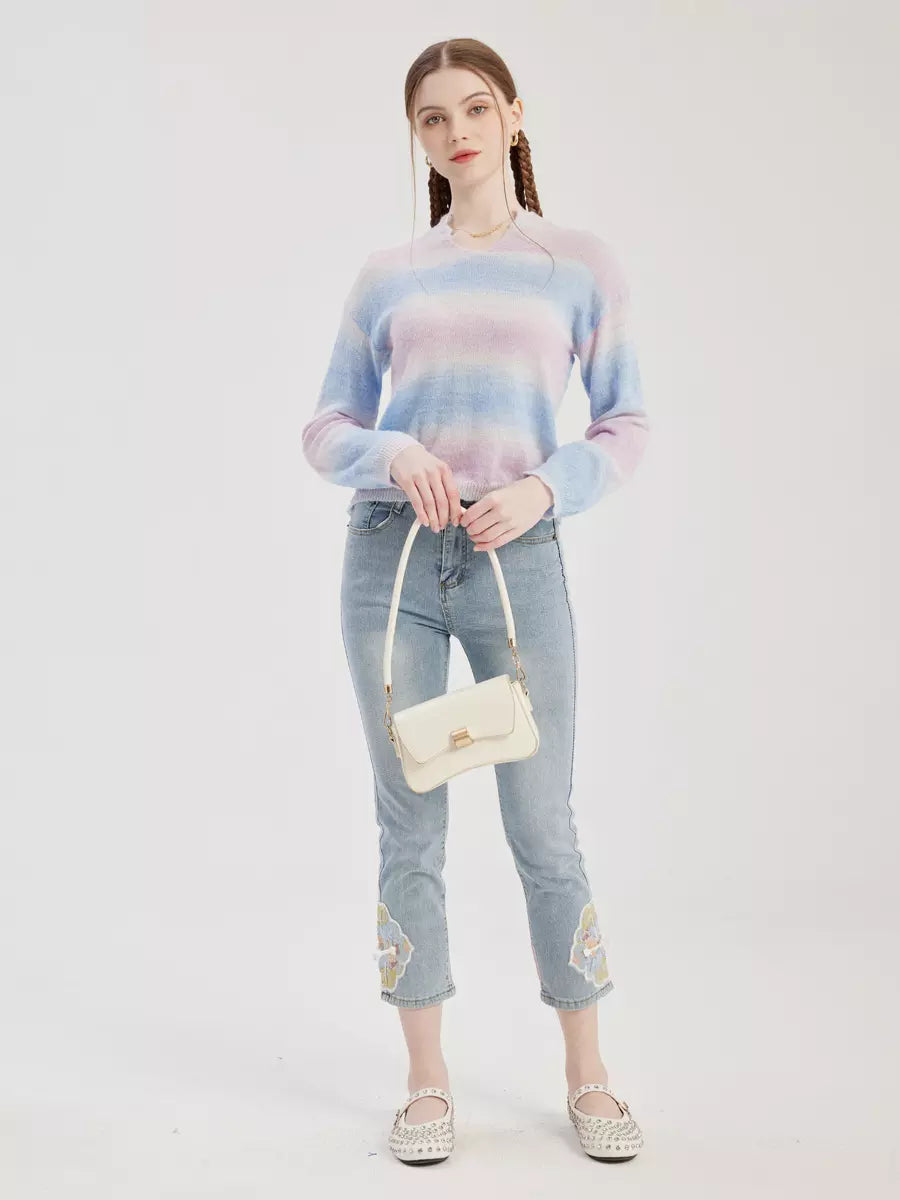 Casual Embroidery Applique Polyester Cropped Jeans Mssza