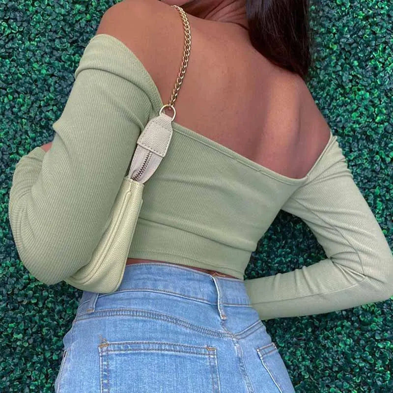 Casual Square Collar Slim Hollow-Out V-neck Long Sleeve Crop Tops Mssza