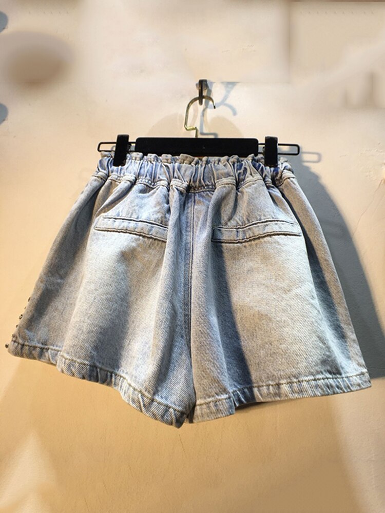 Casual High Waist Diamonds Pentagram Straight Denim Shorts Mssza