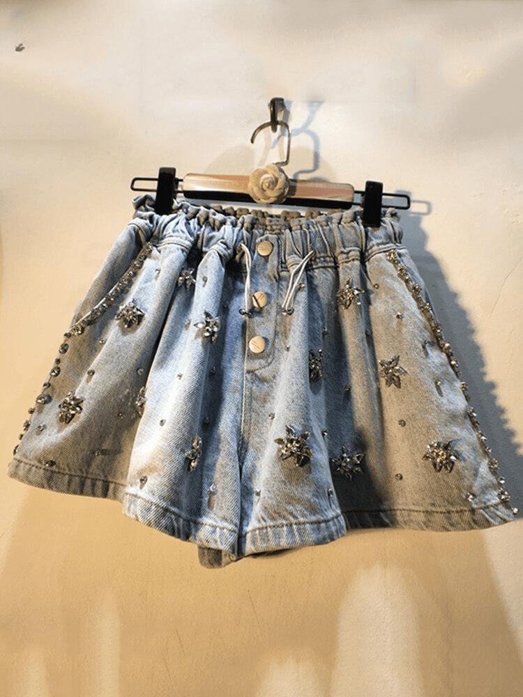 Casual High Waist Diamonds Pentagram Straight Denim Shorts Mssza