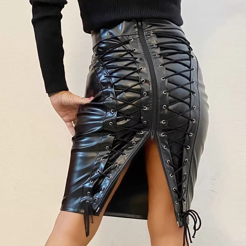 Casual Faux Leather High Waist Back Zipper Bodycon Pencil Knee Length Skirt Mssza