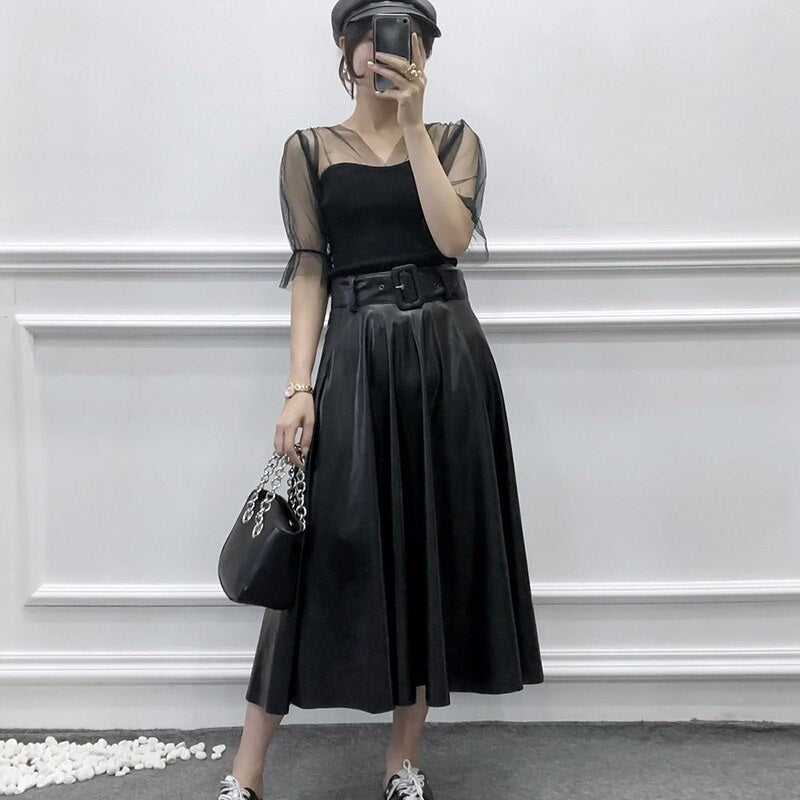 Casual Faux Leather PU Midi Skirt With Belt Mssza