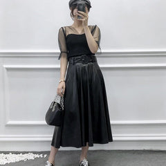 Casual Faux Leather PU Midi Skirt With Belt Mssza