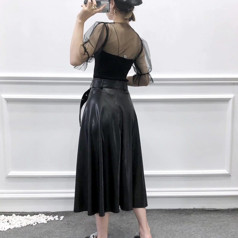 Casual Faux Leather PU Midi Skirt With Belt Mssza