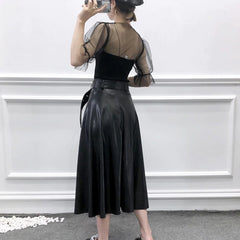 Casual Faux Leather PU Midi Skirt With Belt Mssza