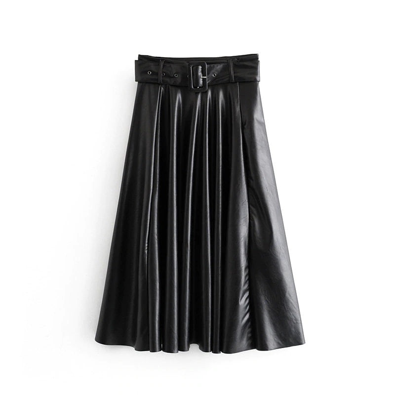 Casual Faux Leather PU Midi Skirt With Belt Mssza