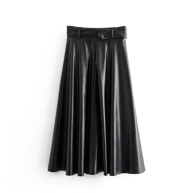 Casual Faux Leather PU Midi Skirt With Belt Mssza