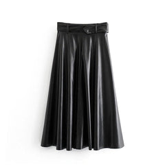 Casual Faux Leather PU Midi Skirt With Belt Mssza