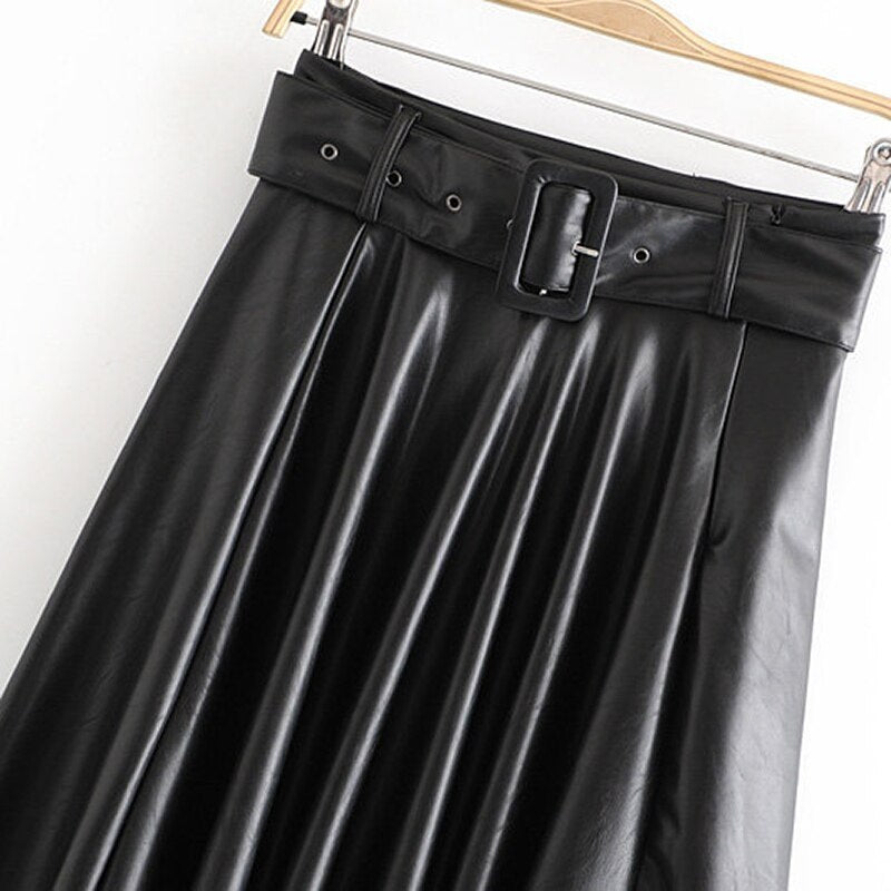 Casual Faux Leather PU Midi Skirt With Belt Mssza