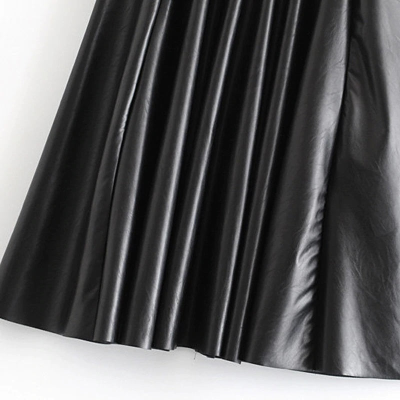 Casual Faux Leather PU Midi Skirt With Belt Mssza