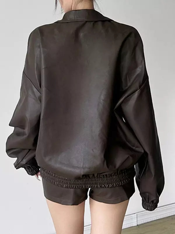 Casual Faux Leather Set Over Sized Jacket And Shorts Outfit Mssza