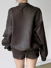 Casual Faux Leather Set Over Sized Jacket And Shorts Outfit Mssza