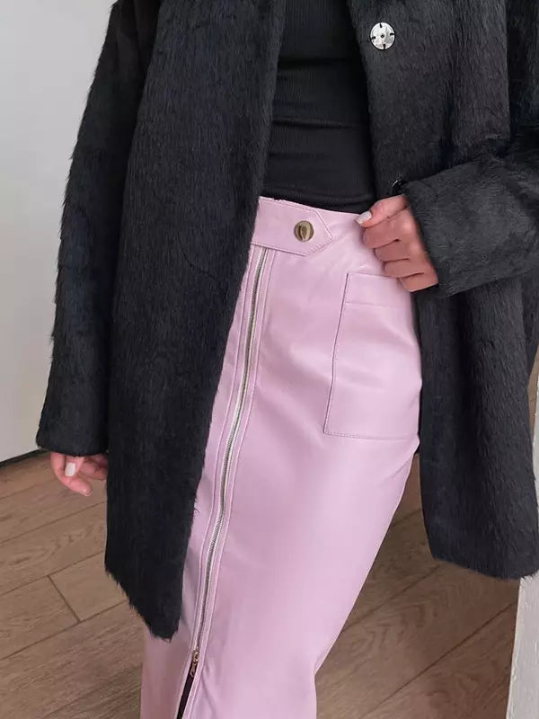 Casual Faux Leather Slit Midi Skirt With Pockets Raised Waist Mssza