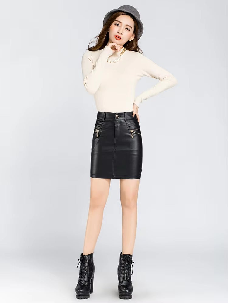 Casual Faux Leather Zipper Pocket High Waist PU Leather Skirt Mssza