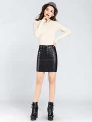 Casual Faux Leather Zipper Pocket High Waist PU Leather Skirt Mssza