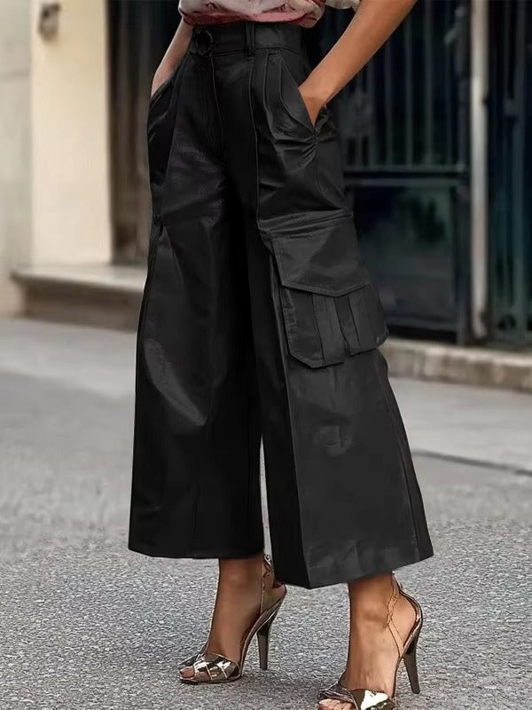 Casual Faux PU Leather High Waist Streetwear Wide Leg Trousers Mssza