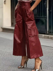 Casual Faux PU Leather High Waist Streetwear Wide Leg Trousers Mssza