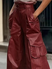 Casual Faux PU Leather High Waist Streetwear Wide Leg Trousers Mssza