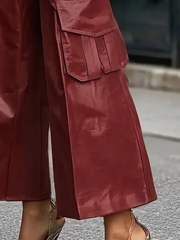 Casual Faux PU Leather High Waist Streetwear Wide Leg Trousers Mssza