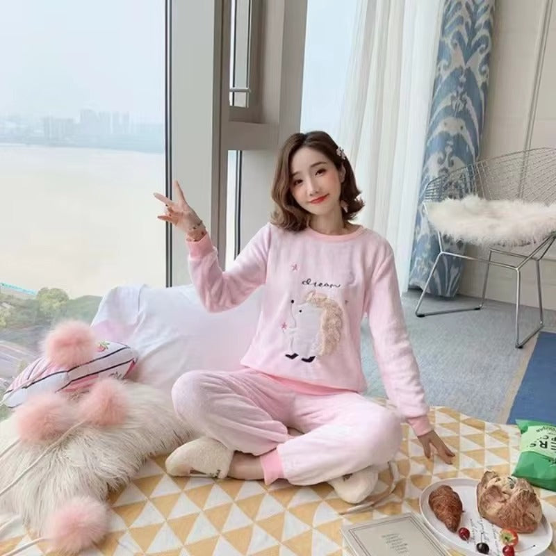 Casual Flannel Soft Warm Printing 2 Piece Pajamas Set Mssza