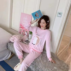 Casual Flannel Soft Warm Printing 2 Piece Pajamas Set Mssza